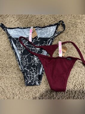 PINK Victoria's Secret Maroon Ribbed & Black Spiderweb Panty Set